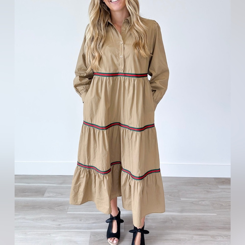 Stylish Tiered Striped 1/4 Button Midi Dress